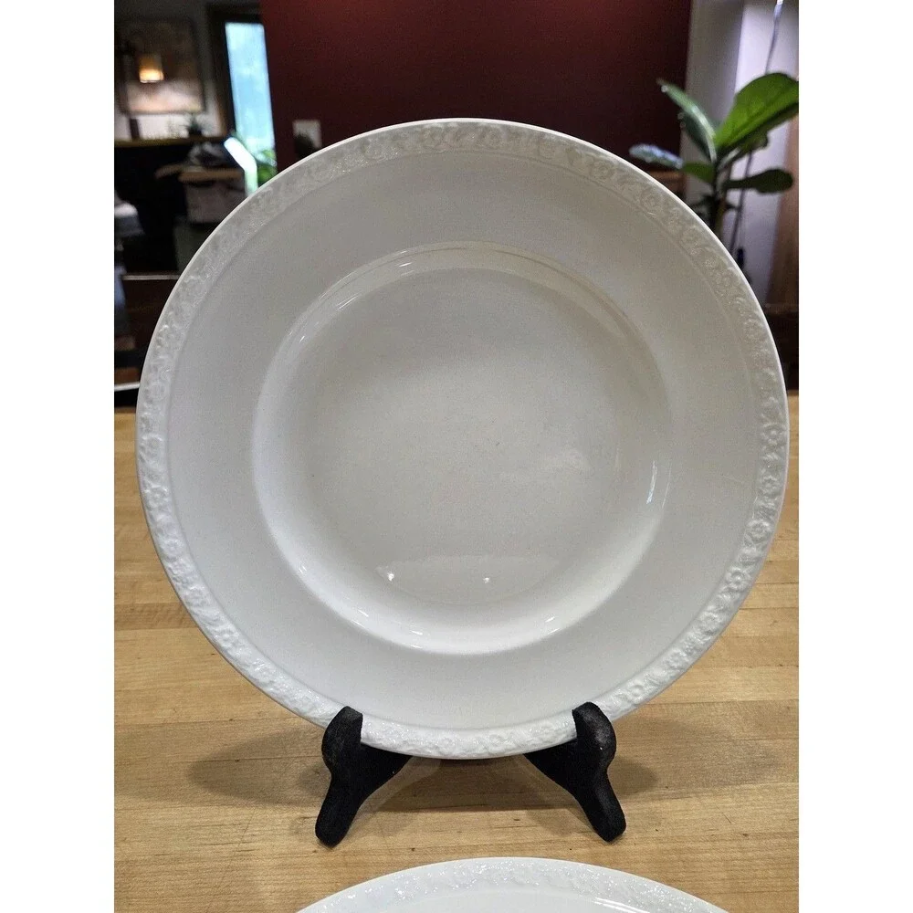Vintage Enoch Wedgwood Tunstall White Ironstone Plates Set 2 Raised Fruit Rim